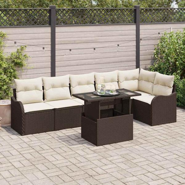 ARDEBO.de - 7-Teiliges Garten Sofa Set mit Kissen Braun Poly Rattan, 2-Sitzer Garten Sofa mit Kissen Braun Poly Rattan