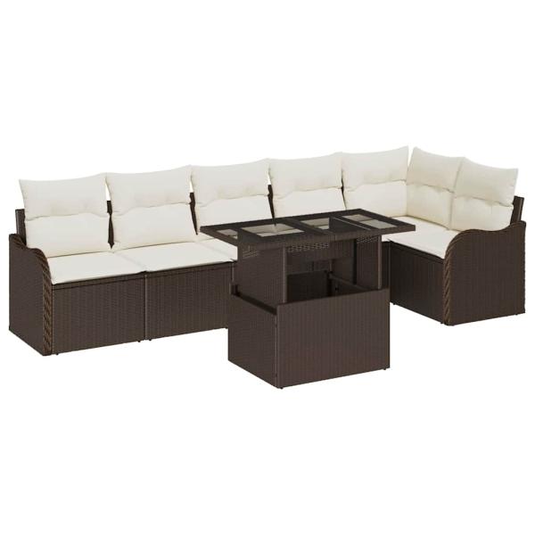 7-Teiliges Garten Sofa Set mit Kissen Braun Poly Rattan, 2-Sitzer Garten Sofa mit Kissen Braun Poly Rattan