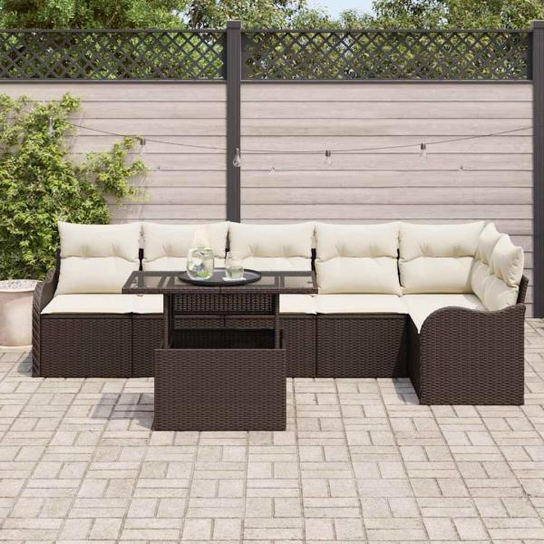 7-Teiliges Garten Sofa Set mit Kissen Braun Poly Rattan, 2-Sitzer Garten Sofa mit Kissen Braun Poly Rattan