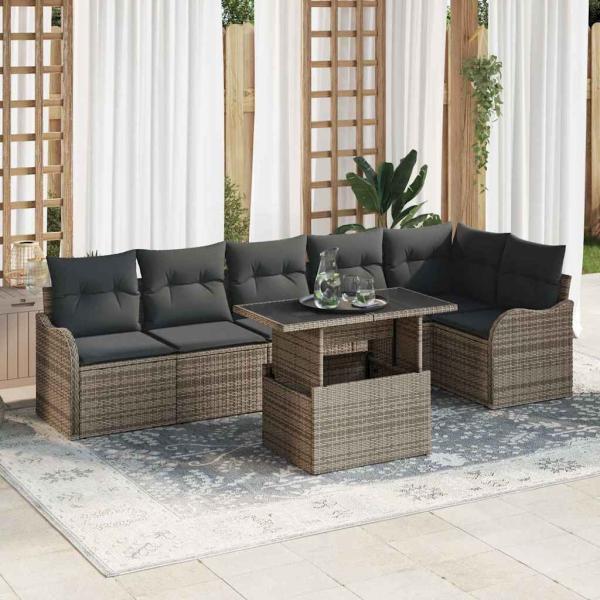ARDEBO.de - 7-teiliges Garten Sofa Set mit Kissen Grau Poly Rattan, 2-Sitzer Garten Sofa mit Kissen Grau Poly Rattan