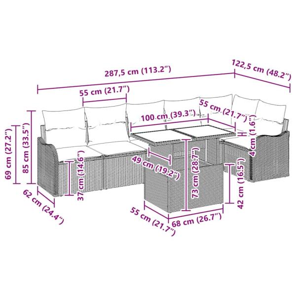 7-teiliges Garten Sofa Set mit Kissen Grau Poly Rattan, 2-Sitzer Garten Sofa mit Kissen Grau Poly Rattan