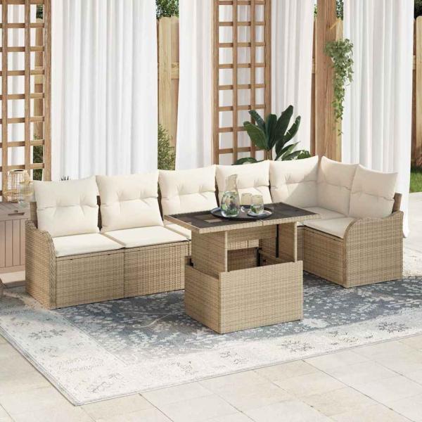 ARDEBO.de - 7-teiliges Garten Sofa Set mit Kissen Beige Poly Rattan, 2-Sitzer Garten Sofa mit Kissen Beige Poly Rattan