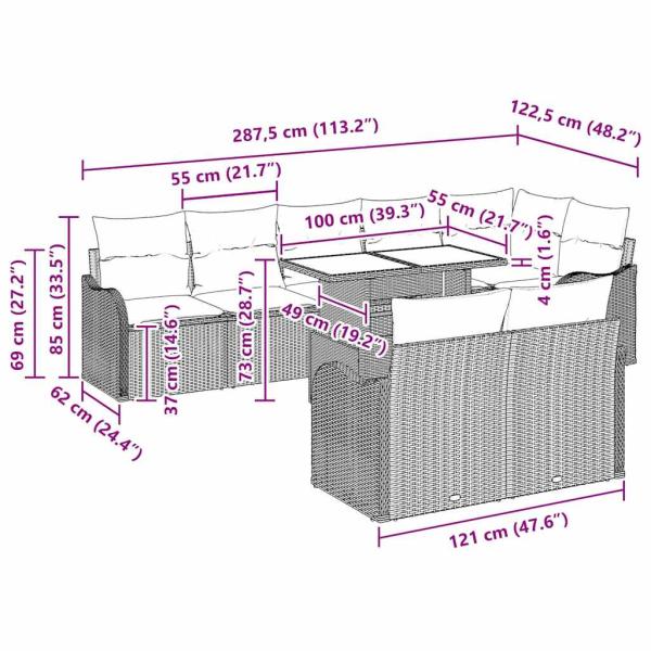 9-teiliges Garten Sofa Set mit Kissen Braun Poly Rattan, 2-Sitzer Garten Sofa mit Kissen Braun Poly Rattan