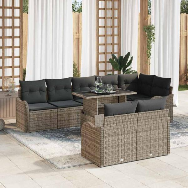 ARDEBO.de - 9-teilige Garten Sofa Set mit Kissen Grau Poly Rattan, 2-Sitzer Garten Sofa mit Kissen Grau Poly Rattan
