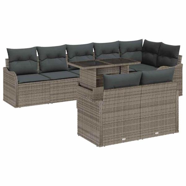 9-teilige Garten Sofa Set mit Kissen Grau Poly Rattan, 2-Sitzer Garten Sofa mit Kissen Grau Poly Rattan