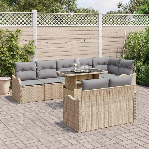 9-teiliges Garten-Sofa-Set mit Kissen Beige Poly Rattan, 2-Sitzer-Garten-Sofa mit Kissen Beige Poly Rattan