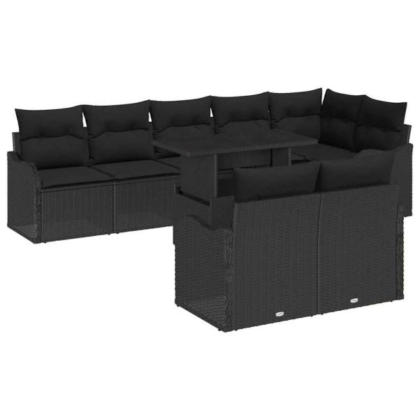 9-teiliges Garten-Sofa-Set mit Kissen Schwarz Poly-Rattan, 2-Personen Garten-Sofa mit Kissen Schwarz Poly-Rattan