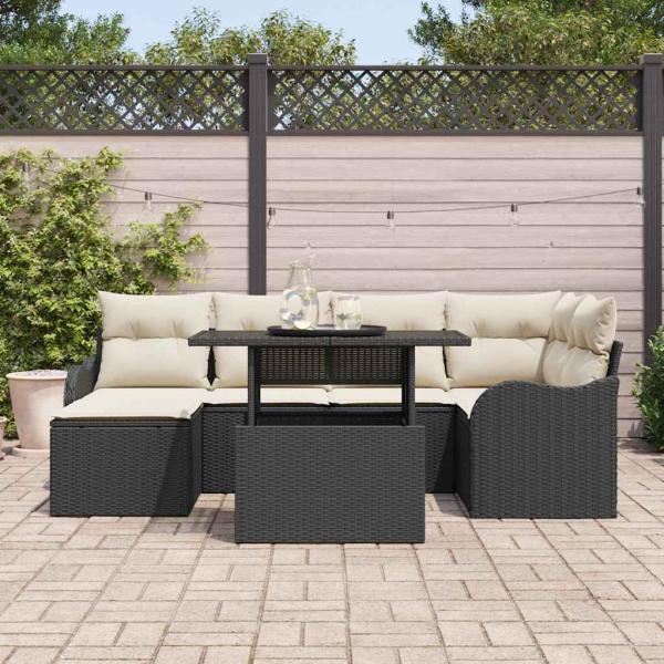 7-teiliges Garten Sofa Set mit Kissen aus schwarzem Poly Rattan, 2-Sitzer Garten Sofa mit Kissen aus schwarzem Poly Rattan