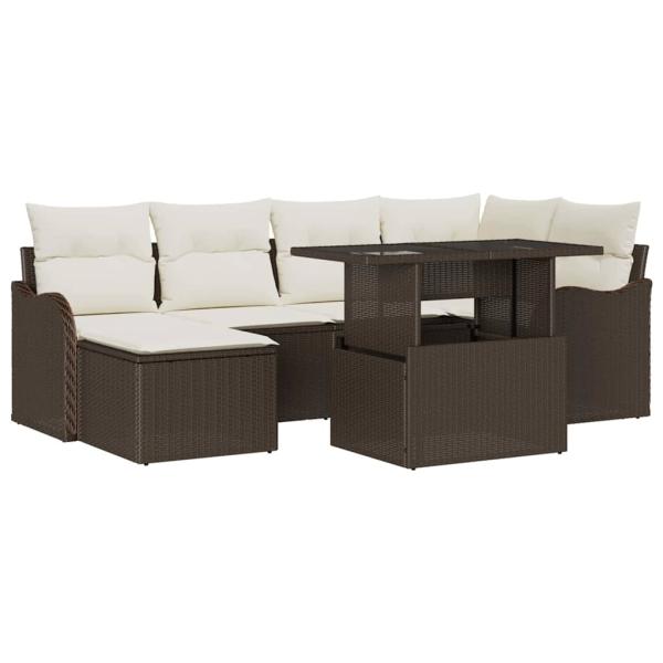 7-teilige Garten Sofa Set mit Kissen Braun Poly Rattan, 2-Sitzer Garten Sofa mit Kissen Braun Poly Rattan