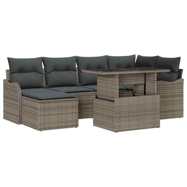 7-teiliges Garten Sofa Set mit Kissen in Grau Poly Rattan, 2-Sitzer Garten Sofa mit Kissen in Grau Poly Rattan