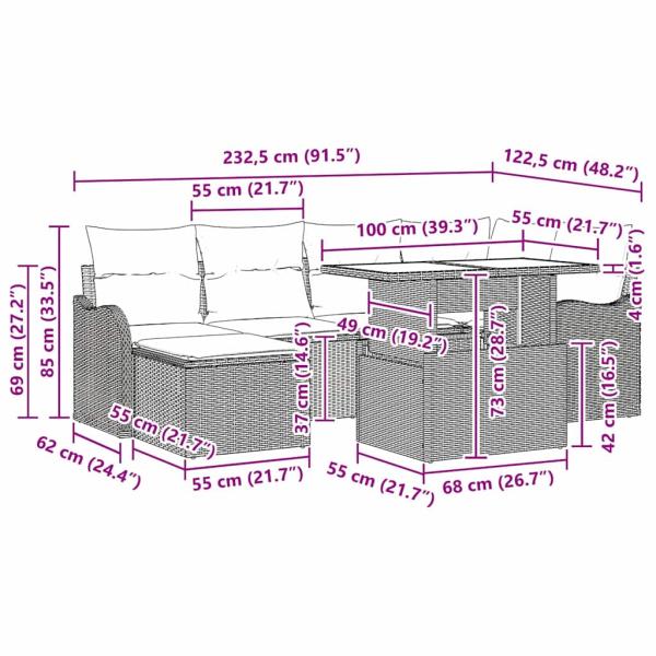 7-teiliges Garten Sofa Set mit Kissen in Grau Poly Rattan, 2-Sitzer Garten Sofa mit Kissen in Grau Poly Rattan