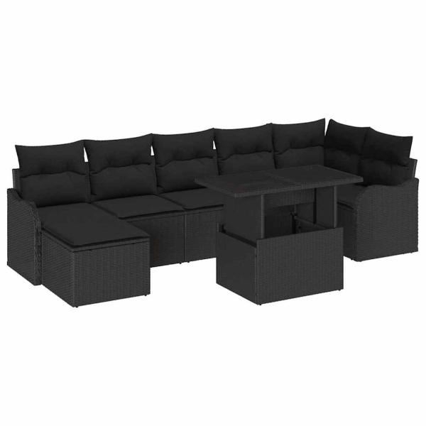 8-teiliges Garten Sofa Set mit Kissen Schwarz Poly Rattan, 2-Sitzer Garten Sofa mit Kissen Schwarz Poly Rattan