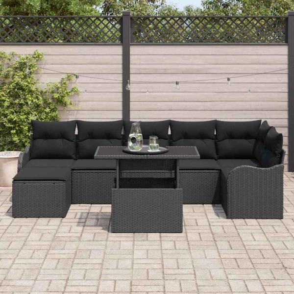 8-teiliges Garten Sofa Set mit Kissen Schwarz Poly Rattan, 2-Sitzer Garten Sofa mit Kissen Schwarz Poly Rattan
