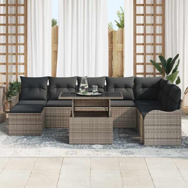 9-teiliges Garten Sofaset mit Kissen Grau Poly Rattan, 2-Sitzer Garten Sofa mit Kissen Grau Poly Rattan