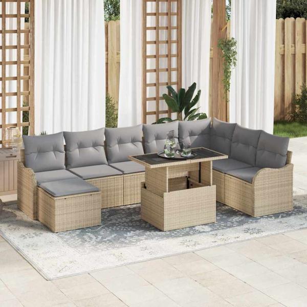ARDEBO.de - 9-teiliges Garten Sofa Set mit Kissen Beige Poly Rattan, 2-Sitzer Garten Sofa mit Kissen Beige Poly Rattan