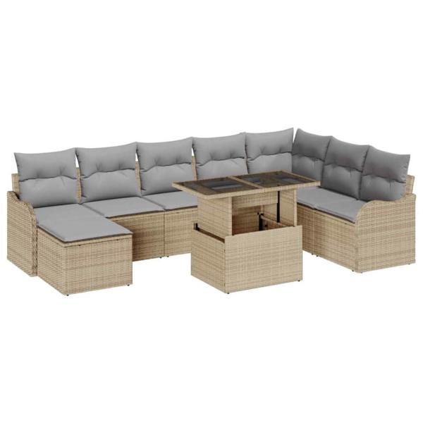 9-teiliges Garten Sofa Set mit Kissen Beige Poly Rattan, 2-Sitzer Garten Sofa mit Kissen Beige Poly Rattan