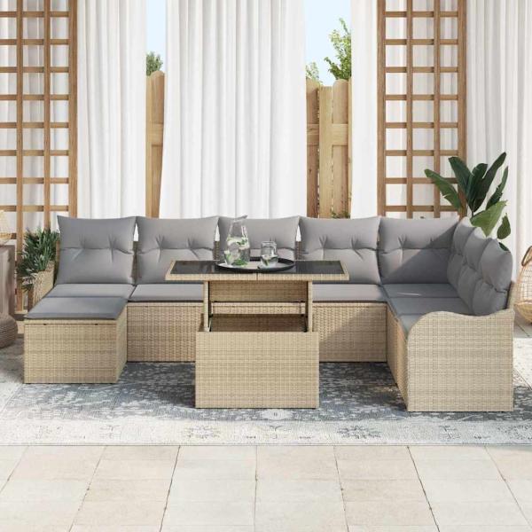 9-teiliges Garten Sofa Set mit Kissen Beige Poly Rattan, 2-Sitzer Garten Sofa mit Kissen Beige Poly Rattan