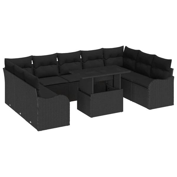 10-teilige Garten Sofa Set mit Kissen Schwarz Poly Rattan, 2-Sitzer Garten Sofa mit Kissen Schwarz Poly Rattan