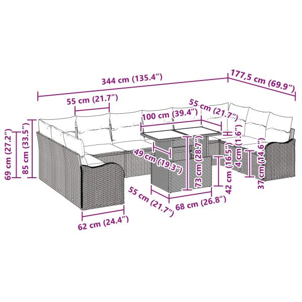 11-teiliges Garten Sofa Set mit Kissen Braun Poly Rattan, 2-Sitzer Garten Sofa mit Kissen Braun Poly Rattan