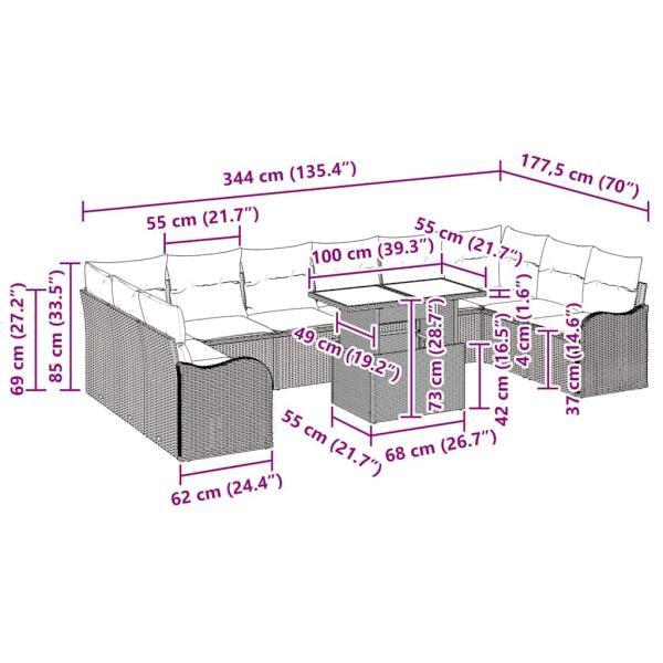 11-teiliges Garten Sofa Set mit Kissen Hellgrau Poly Rattan, 2-Sitzer Garten Sofa mit Kissen Hellgrau Poly Rattan