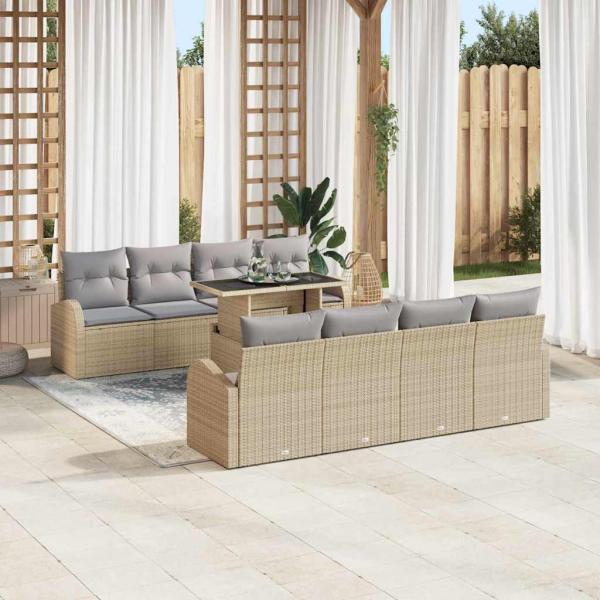 9-teiliges Garten Sofa Set mit Kissen Beige Poly Rattan