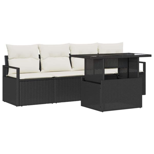 5-teiliges Garten Sofa Set mit Kissen Schwarz Poly Rattan, 2-Sitzer Garten Sofa mit Kissen Schwarz Poly Rattan