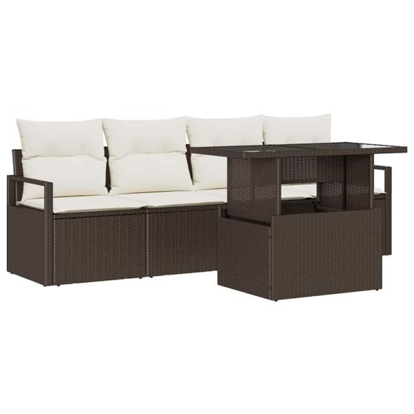5-teiliges Garten-Sofa-Set mit Kissen Braun Poly-Rattan, 2-Sitzer Garten-Sofa mit Kissen Braun Poly-Rattan