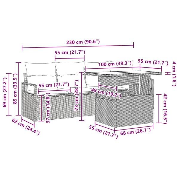5-teiliges Garten Sofa Set mit Kissen Grau Poly Rattan, 2-Sitzer Garten Sofa mit Kissen Grau Poly Rattan