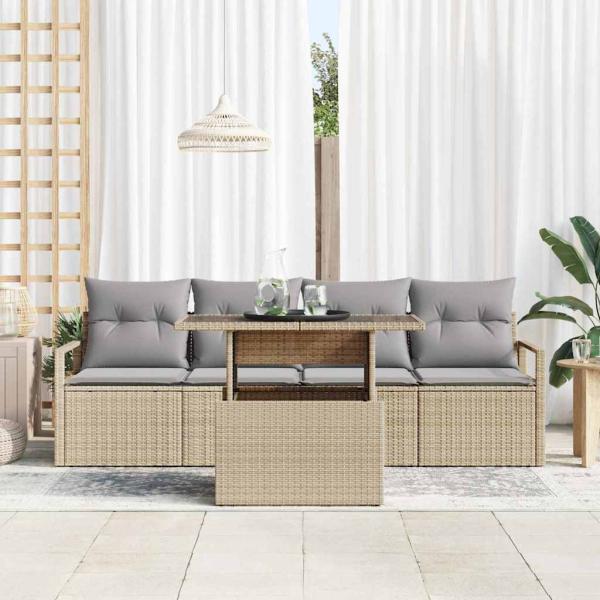 5-teiliges Garten-Sofa-Set mit Kissen Beige Poly-Rattan, 2-Sitzer Garten-Sofa mit Kissen Beige Poly-Rattan