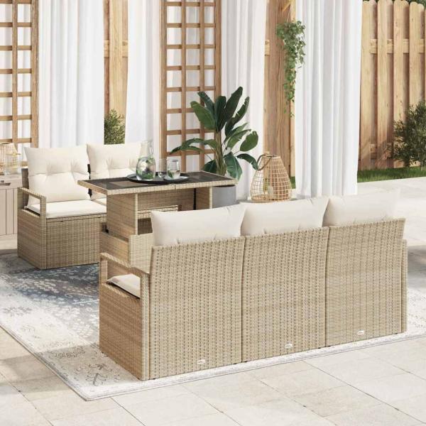 ARDEBO.de - 6-teiliges Garten-Sofa-Set mit Kissen Beige Poly Rattan, 2-Sitzer Garten-Sofa mit Kissen Beige Poly Rattan