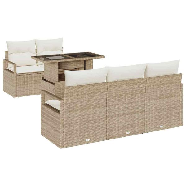 6-teiliges Garten-Sofa-Set mit Kissen Beige Poly Rattan, 2-Sitzer Garten-Sofa mit Kissen Beige Poly Rattan