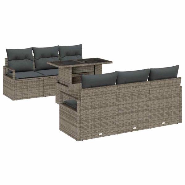 7-teiliges Garten Sofa Set mit Kissen Grau Poly Rattan, 2-Sitzer Garten Sofa mit Kissen Grau Poly Rattan