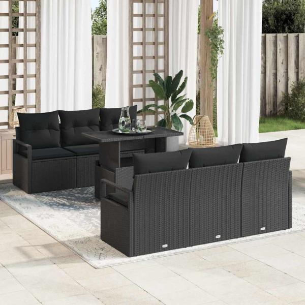 ARDEBO.de - 7-teiliges Garten Sofa Set mit Kissen Schwarz Poly Rattan, 2-Sitzer Garten Sofa mit Kissen Schwarz Poly Rattan