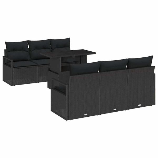 7-teiliges Garten Sofa Set mit Kissen Schwarz Poly Rattan, 2-Sitzer Garten Sofa mit Kissen Schwarz Poly Rattan