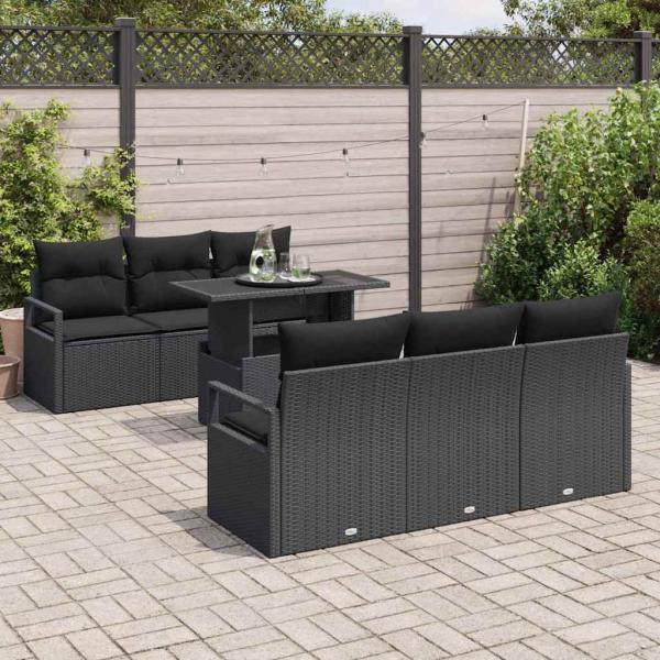 7-teiliges Garten Sofa Set mit Kissen Schwarz Poly Rattan, 2-Sitzer Garten Sofa mit Kissen Schwarz Poly Rattan