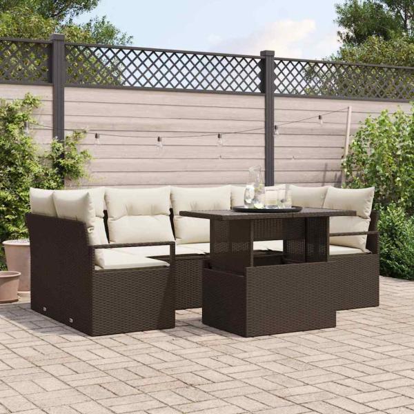 ARDEBO.de - 7-teiliges Garten-Sofa-Set mit Kissen in Braun aus Poly Rattan, 2-Sitzer Garten-Sofa mit Kissen in Braun aus Poly Rattan