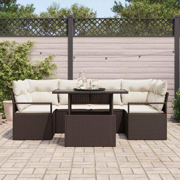 7-teiliges Garten-Sofa-Set mit Kissen in Braun aus Poly Rattan, 2-Sitzer Garten-Sofa mit Kissen in Braun aus Poly Rattan
