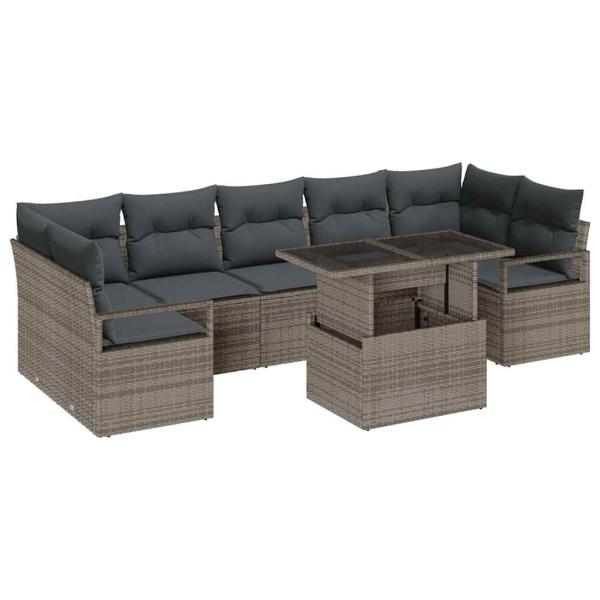 8-teiliges Garten-Sofa-Set mit Kissen Grau Poly Rattan, 2-Sitzer Garten-Sofa mit Kissen Grau Poly Rattan