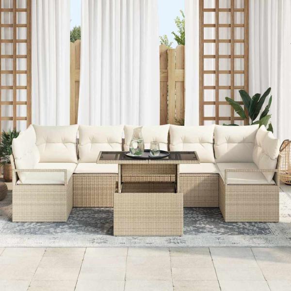 ARDEBO.de - 8-teiliges Garten-Sofa-Set mit Kissen Beige Poly-Rattan, 2-Sitzer Garten-Sofa mit Kissen Beige Poly-Rattan