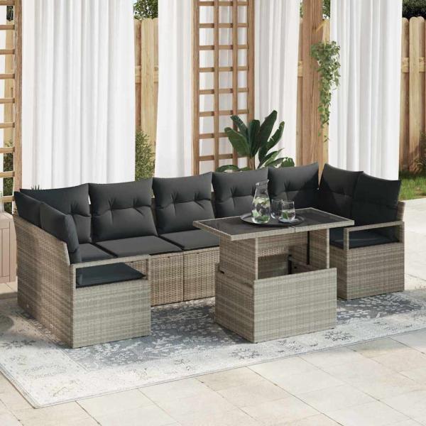 ARDEBO.de - 8-teiliges Garten Sofa Set mit Kissen Hellgrau Poly Rattan, 2-Sitzer Garten Sofa mit Kissen Grau Poly Rattan