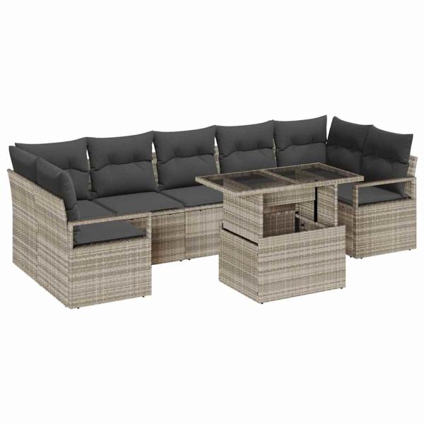 8-teiliges Garten Sofa Set mit Kissen Hellgrau Poly Rattan, 2-Sitzer Garten Sofa mit Kissen Grau Poly Rattan