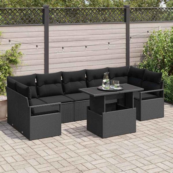 ARDEBO.de - 8-teiliges Garten Sofa Set mit Kissen Schwarz Poly Rattan, 2-Sitzer Garten Sofa mit Kissen Schwarz Poly Rattan