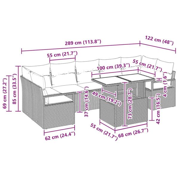 8-teiliges Garten Sofa Set mit Kissen Schwarz Poly Rattan, 2-Sitzer Garten Sofa mit Kissen Schwarz Poly Rattan