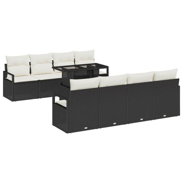 9-teiliges Garten Sofa Set mit Kissen Schwarz Poly Rattan, 2-Sitzer Garten Sofa mit Kissen Schwarz Poly Rattan