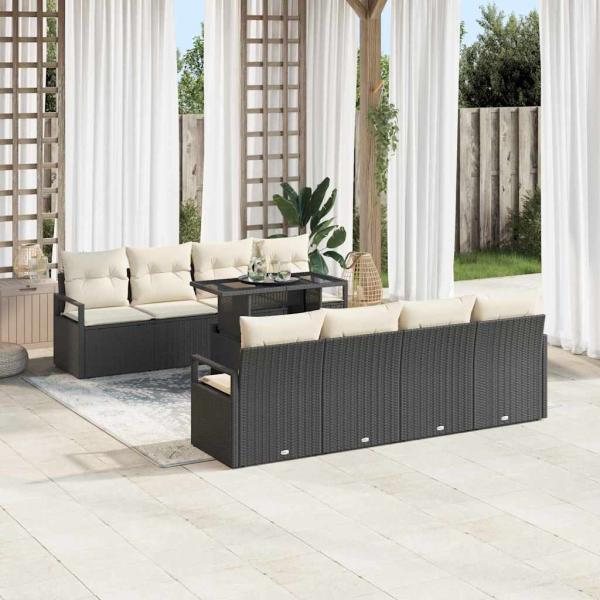 9-teiliges Garten Sofa Set mit Kissen Schwarz Poly Rattan, 2-Sitzer Garten Sofa mit Kissen Schwarz Poly Rattan