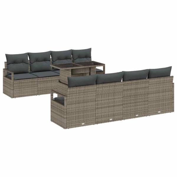 9-Teiliges Garten Sofa Set mit Kissen Grau Poly Rattan, 2-Sitzer Garten Sofa mit Kissen Grau Poly Rattan