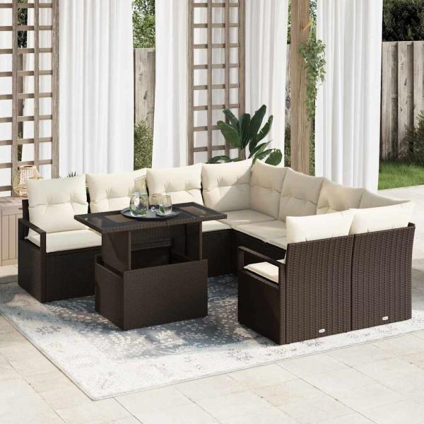 ARDEBO.de - 9-teiliges Garten Sofa Set mit Kissen Braun Poly Rattan, 2-Sitzer Garten Sofa mit Kissen Braun Poly Rattan