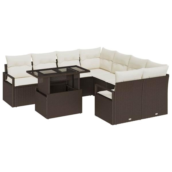 9-teiliges Garten Sofa Set mit Kissen Braun Poly Rattan, 2-Sitzer Garten Sofa mit Kissen Braun Poly Rattan