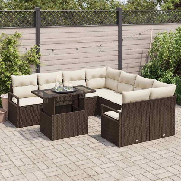 9-teiliges Garten Sofa Set mit Kissen Braun Poly Rattan, 2-Sitzer Garten Sofa mit Kissen Braun Poly Rattan