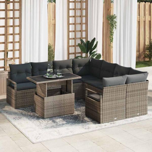 ARDEBO.de - 9-teiliges Garten Sofa Set mit Kissen Grau Poly Rattan, 2-Sitzer Garten Sofa mit Kissen Grau Poly Rattan